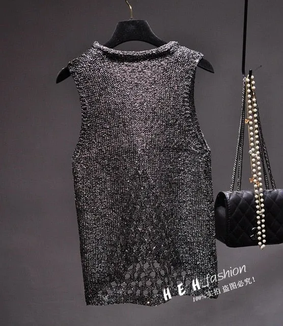 Glitter Sequined Cut Out Vest Sleeveless Shirt/Top