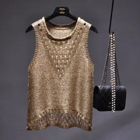 Glitter Sequined Cut Out Vest Sleeveless Shirt/Top