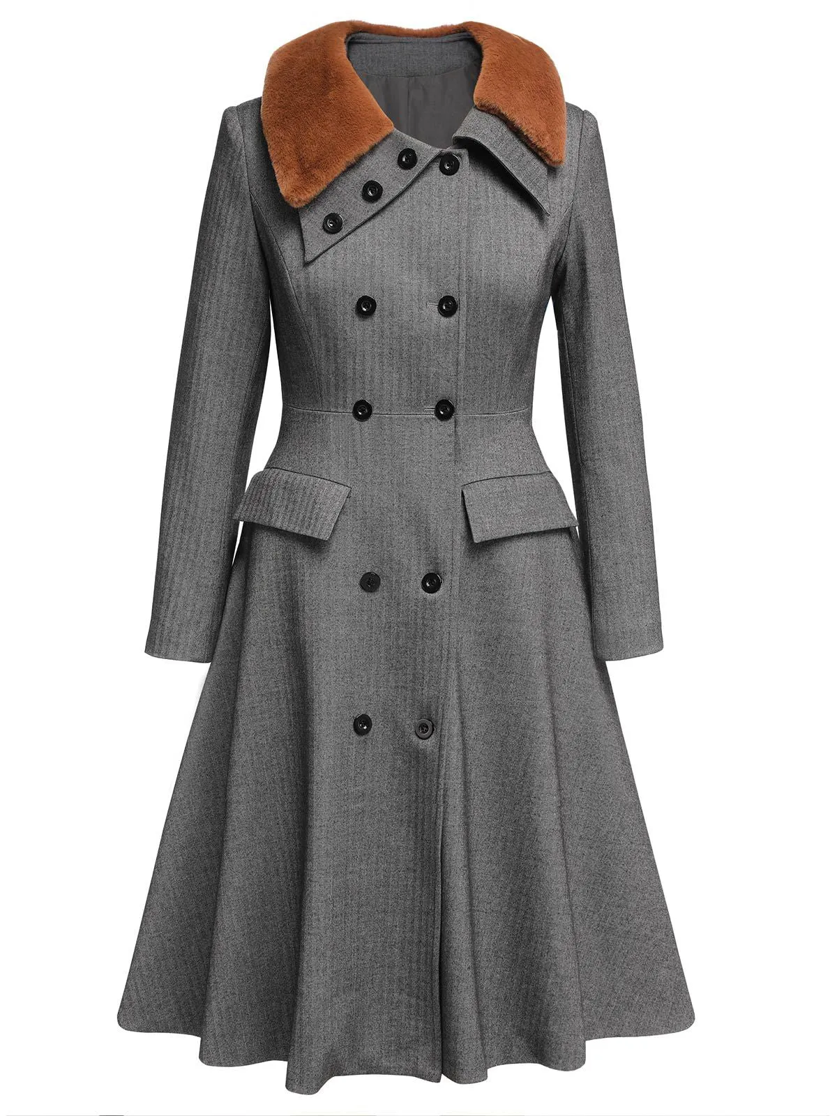 Gray 1930s Faux Fur Lapel Collar Coat