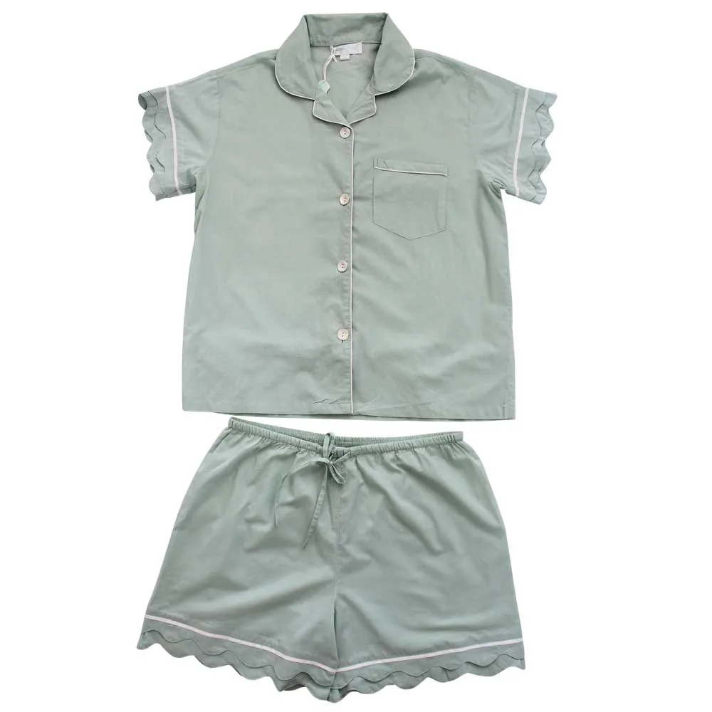 Green Ladies Scalloped Edge Short Pyjamas