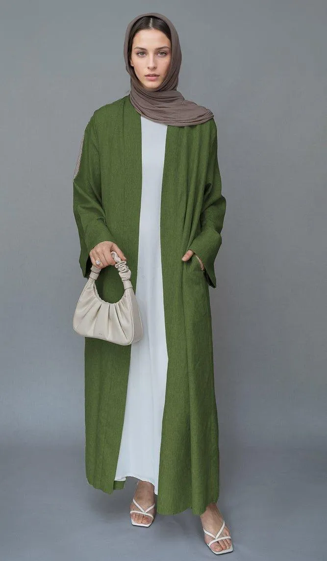 Green Lounia maxi throw over abaya in light linen fabric with a detachable belt