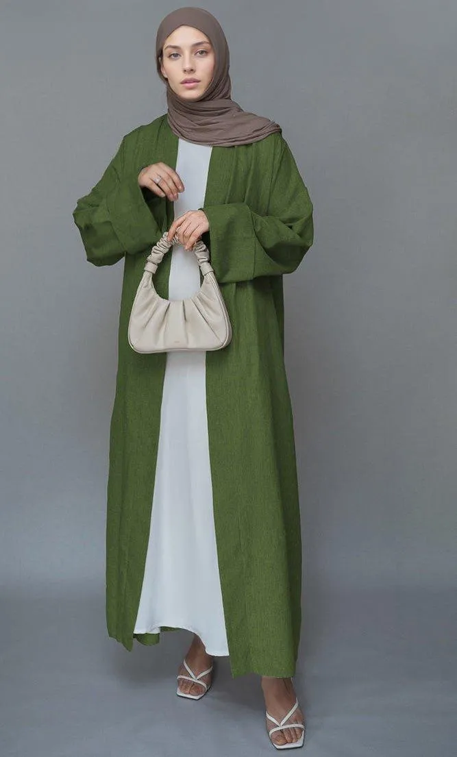 Green Lounia maxi throw over abaya in light linen fabric with a detachable belt