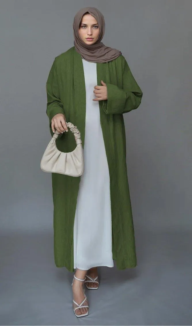 Green Lounia maxi throw over abaya in light linen fabric with a detachable belt