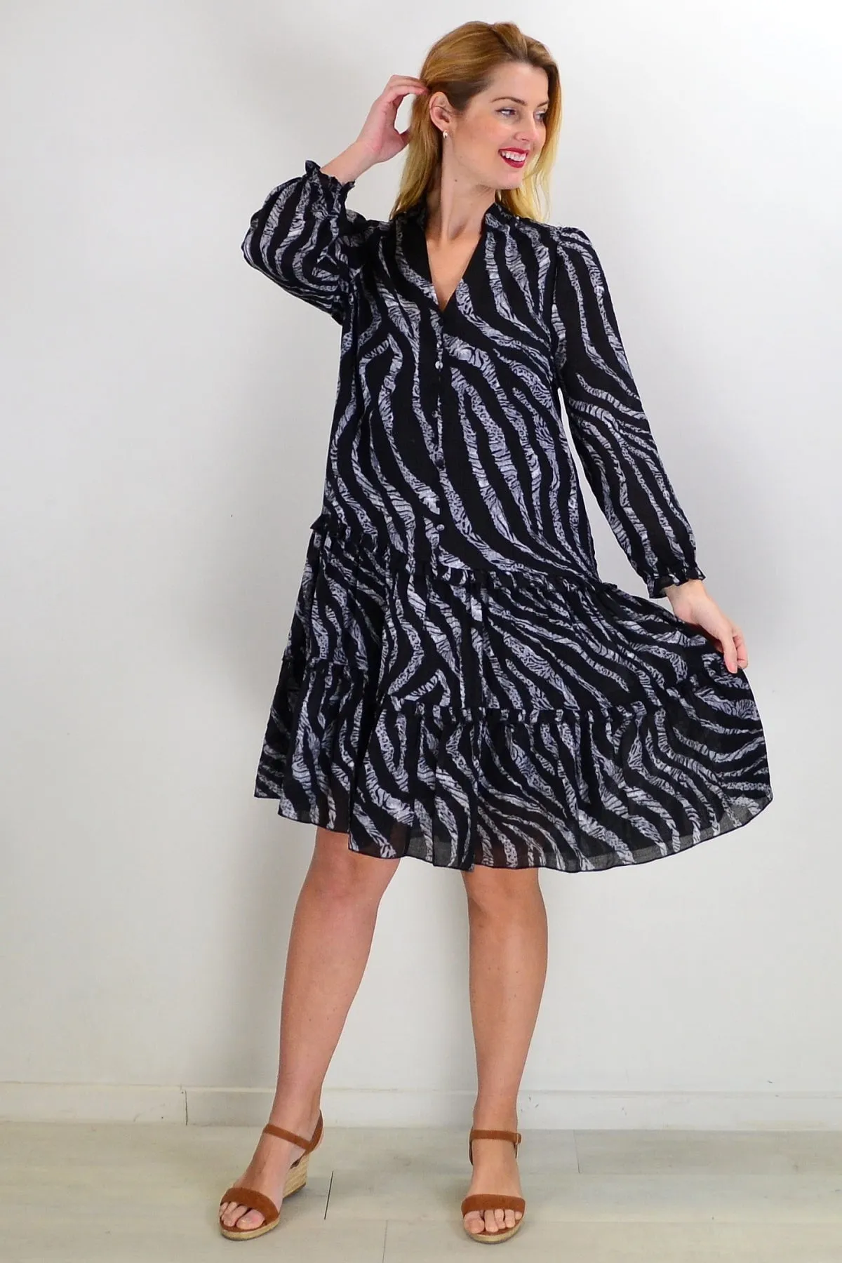 Grey Black Animal Tiered Tunic Dress