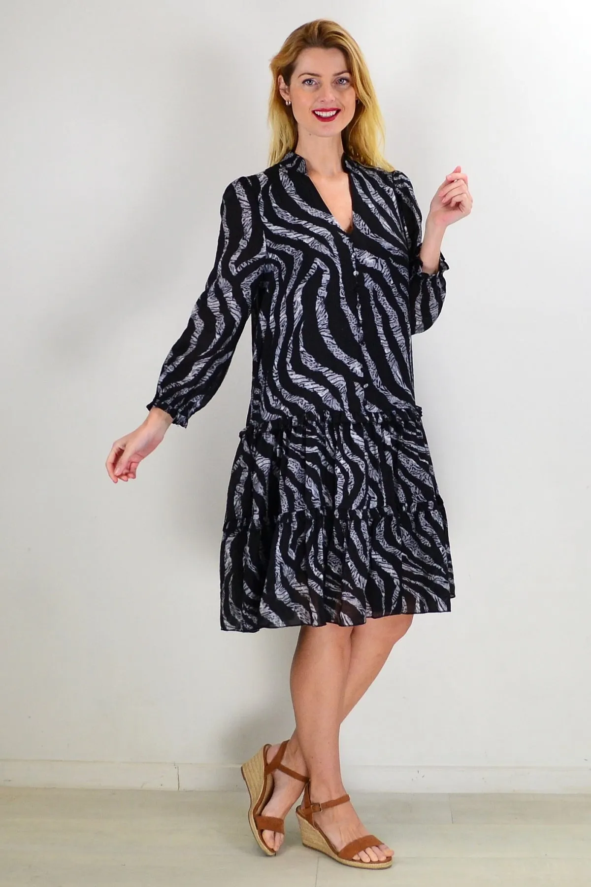 Grey Black Animal Tiered Tunic Dress