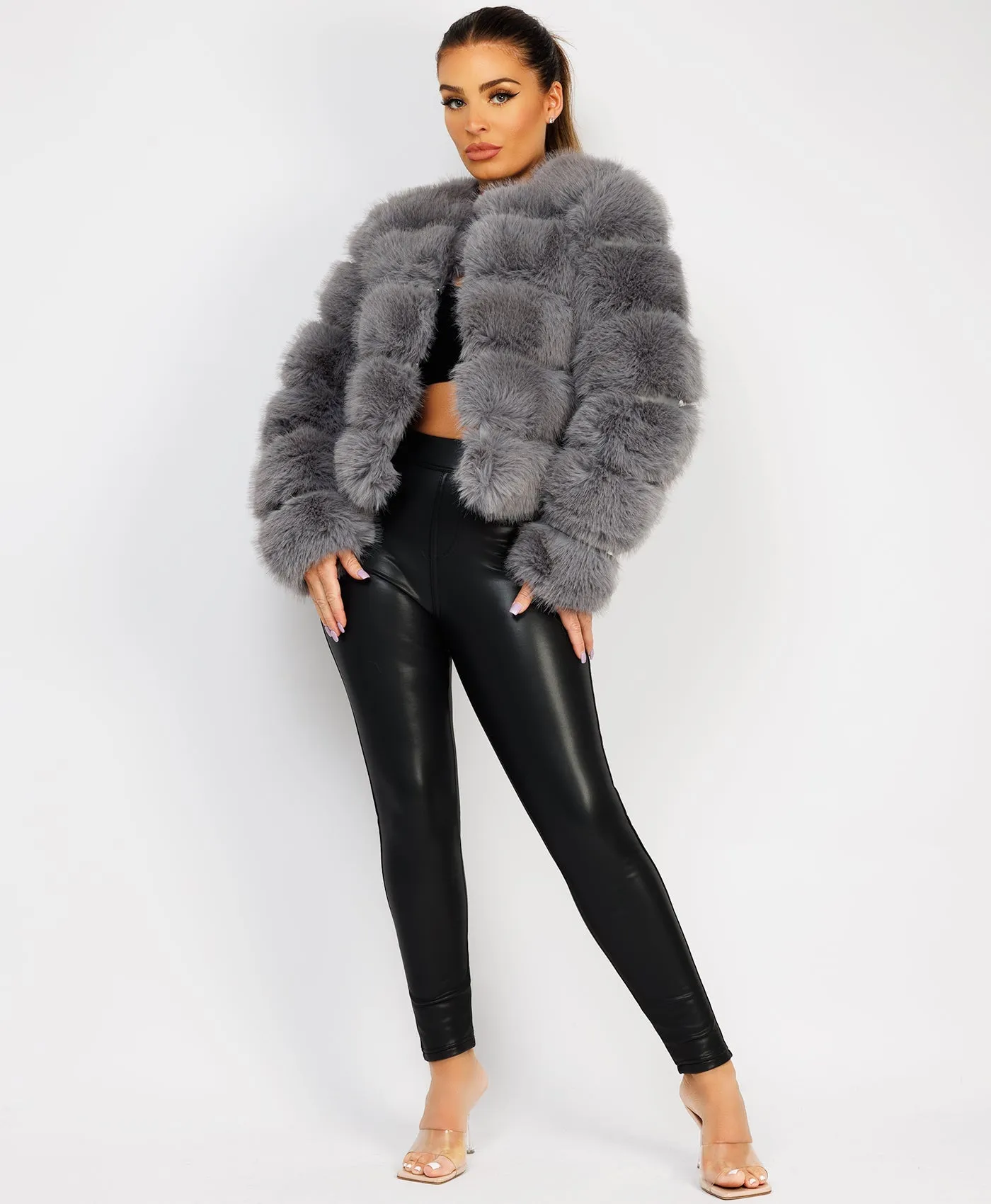 Grey Faux Fur Tiered Panel Premium Coat Jacket