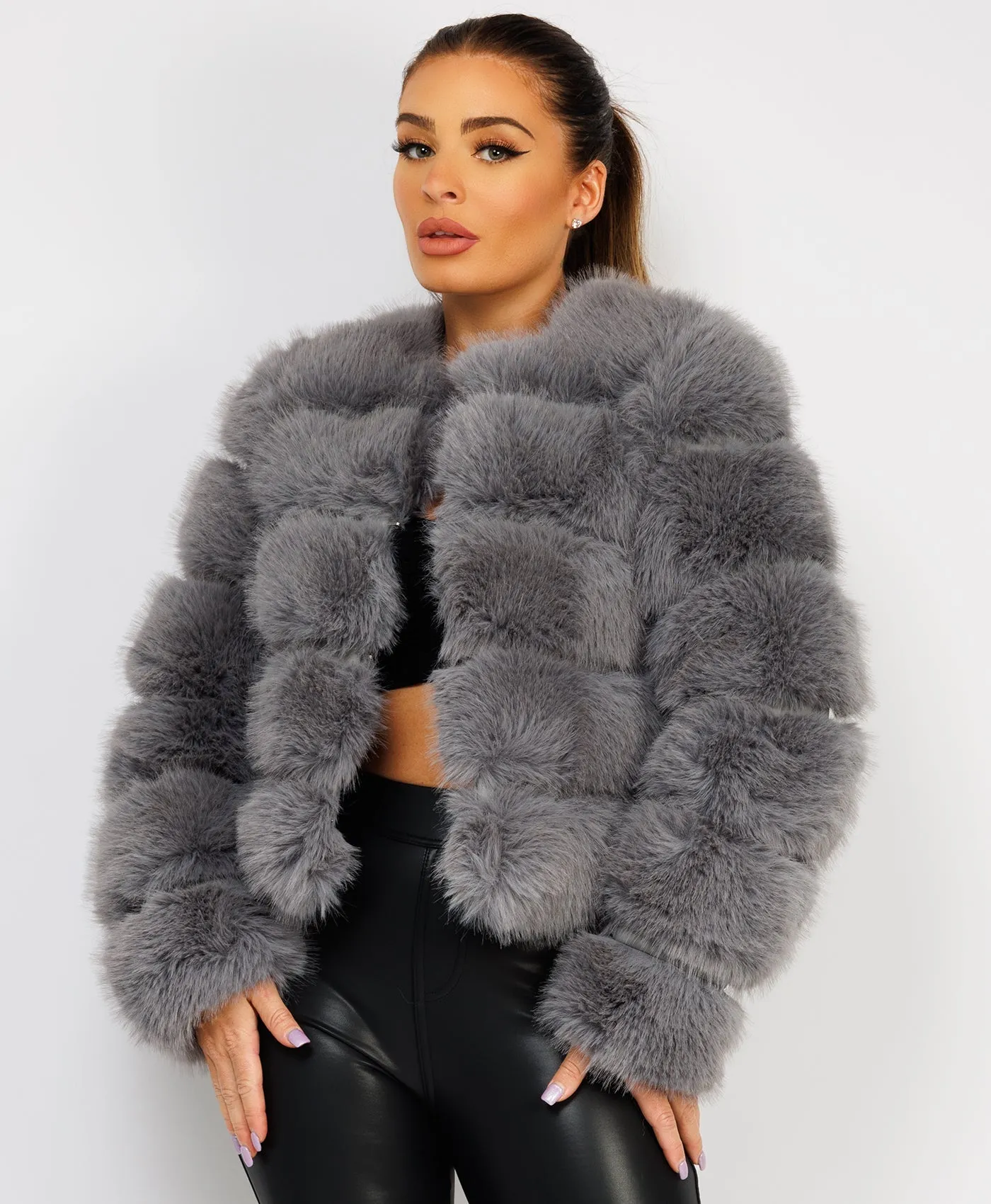 Grey Faux Fur Tiered Panel Premium Coat Jacket