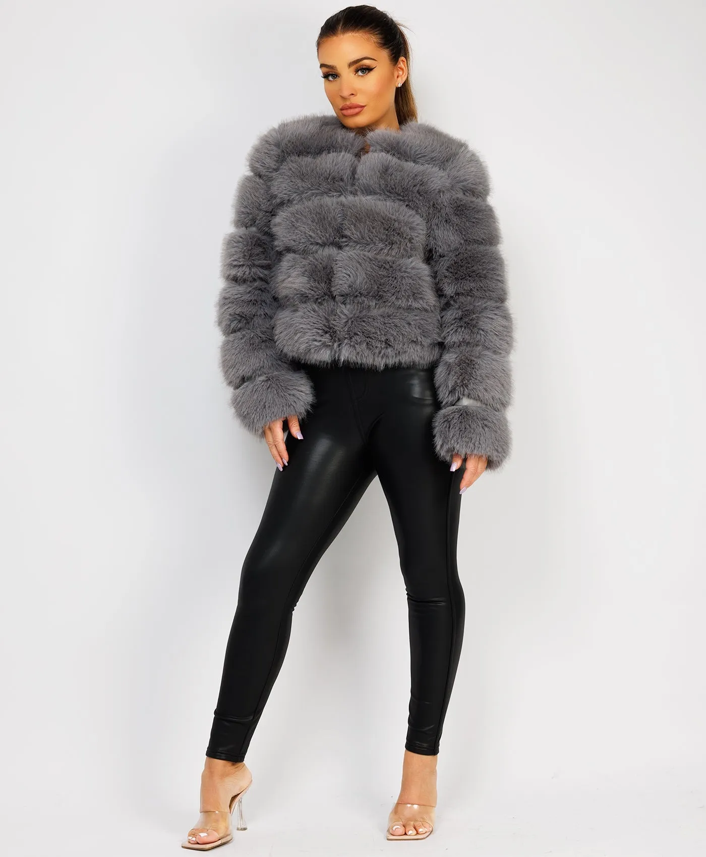 Grey Faux Fur Tiered Panel Premium Coat Jacket