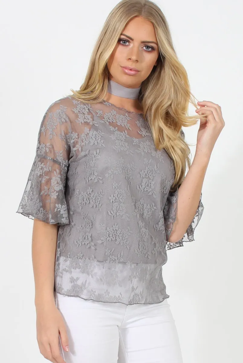 Grey Lace Choker Top - Leana