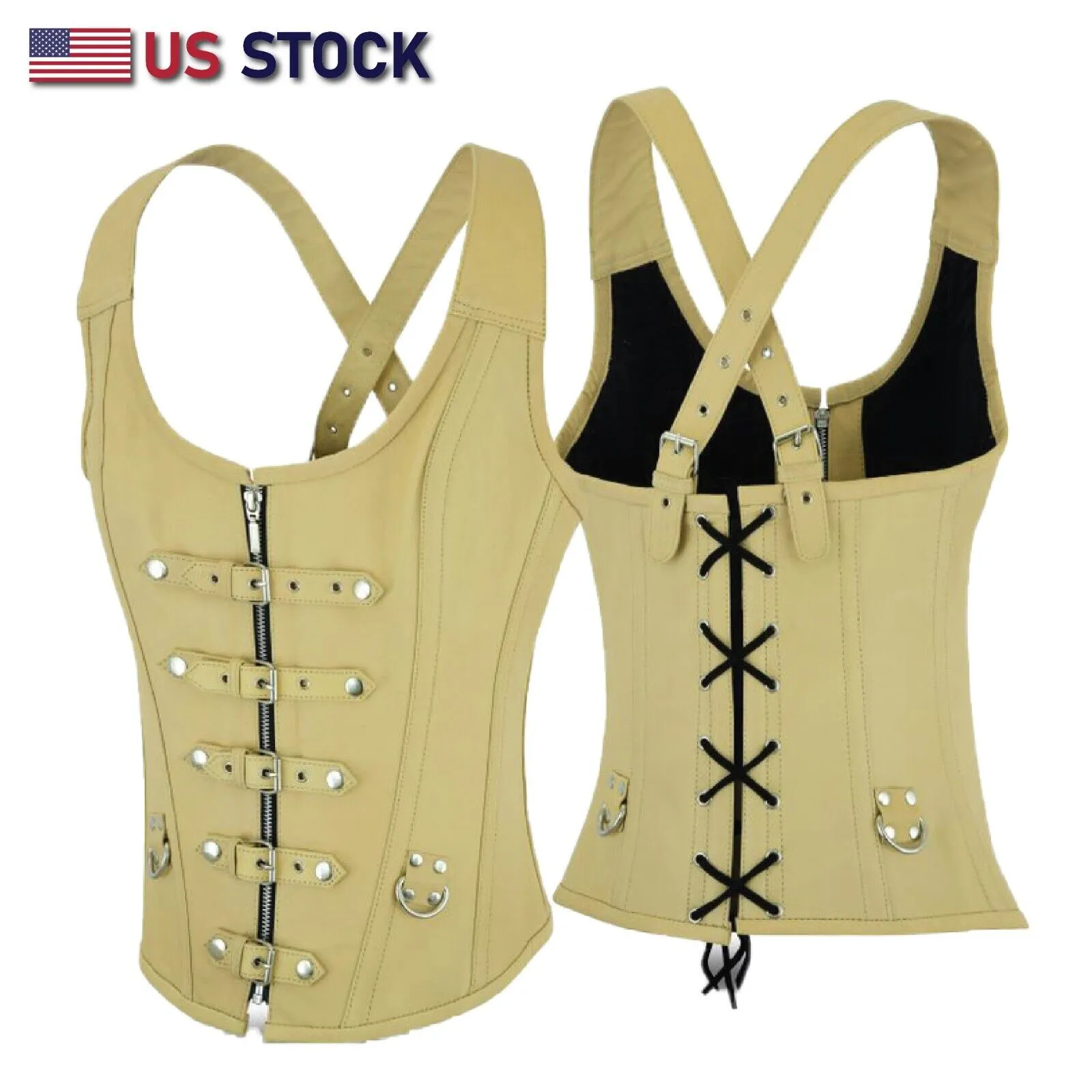 HL14077TAN TAN Corset Real Leather Steel Boned Strap Lacing Bustier