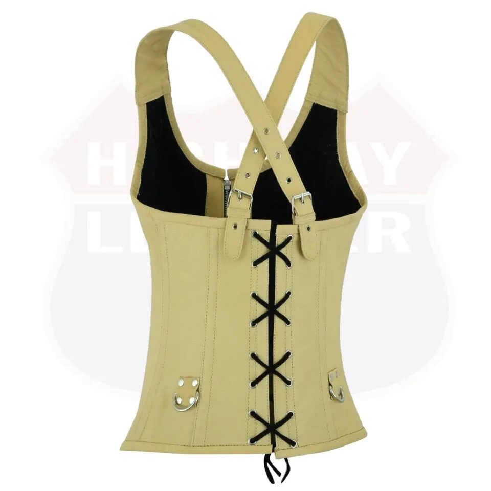 HL14077TAN TAN Corset Real Leather Steel Boned Strap Lacing Bustier