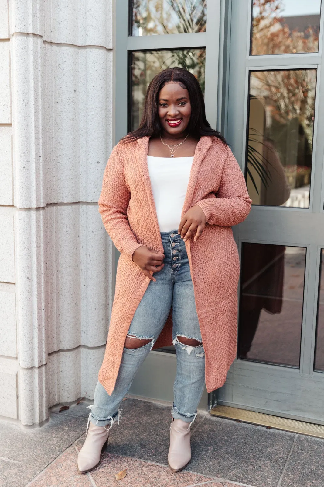 Hooded Cardigan In Red Sand