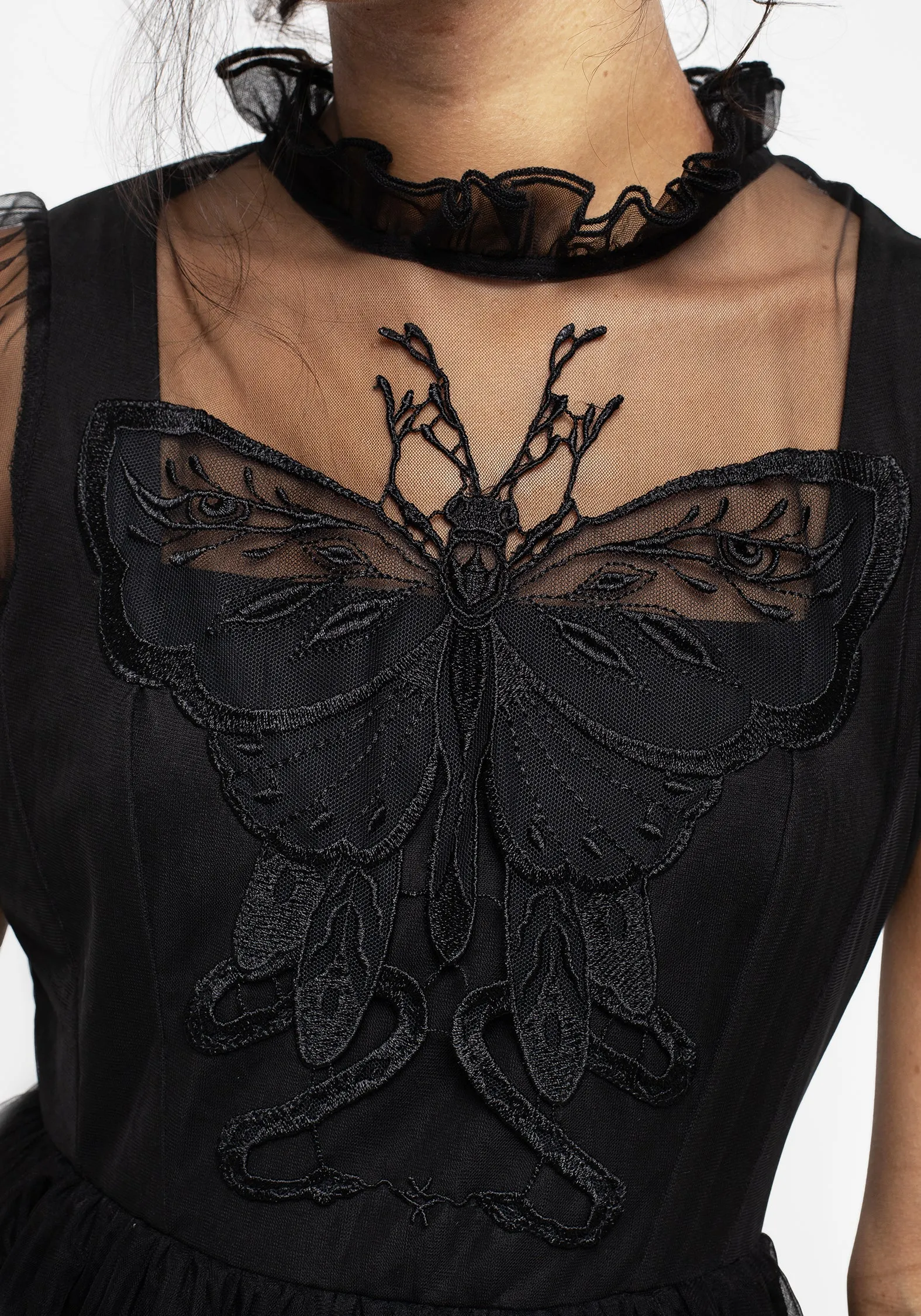 Hysteria Butterfly Applique Frill Neck Tulle Mini Dress