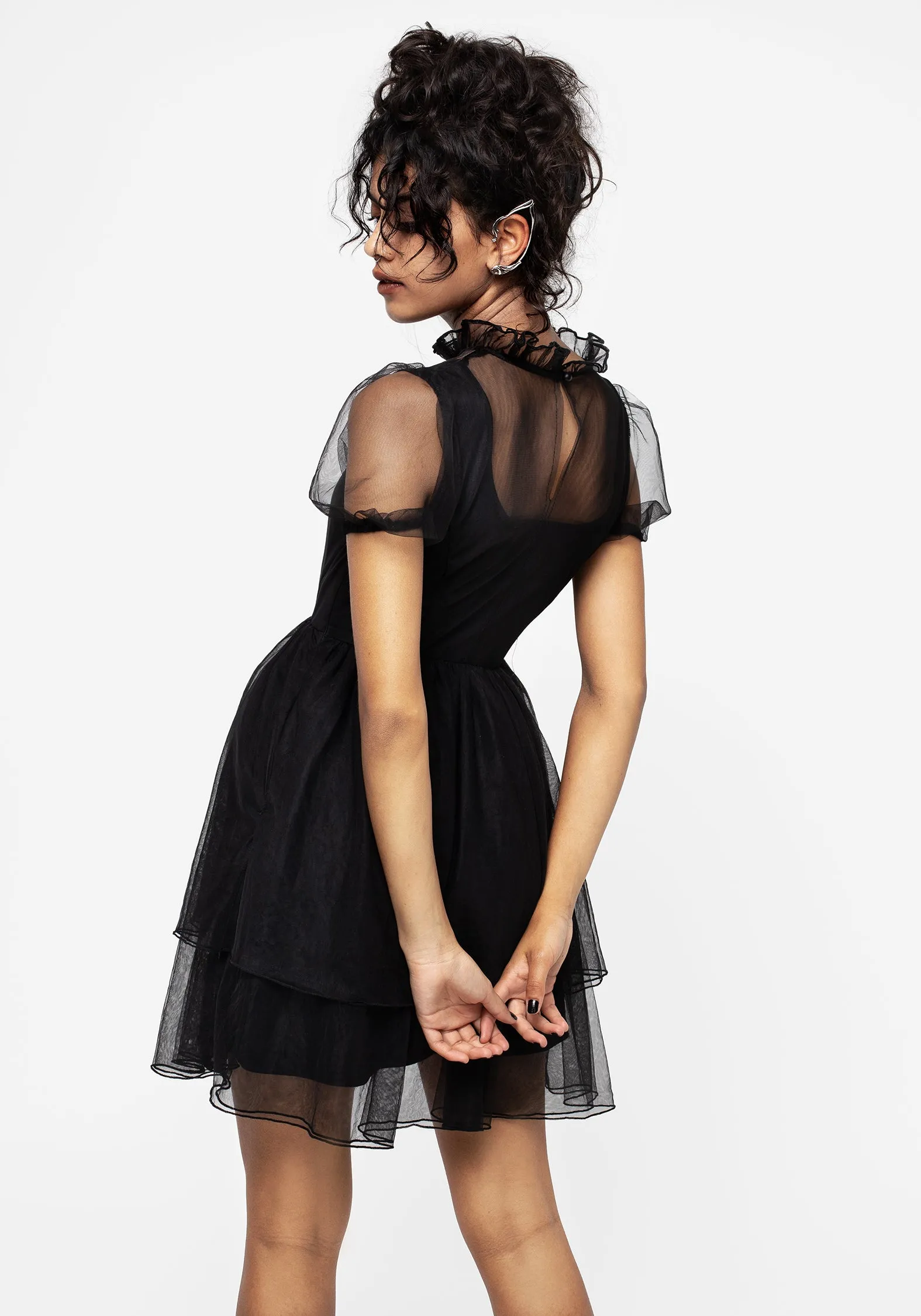 Hysteria Butterfly Applique Frill Neck Tulle Mini Dress