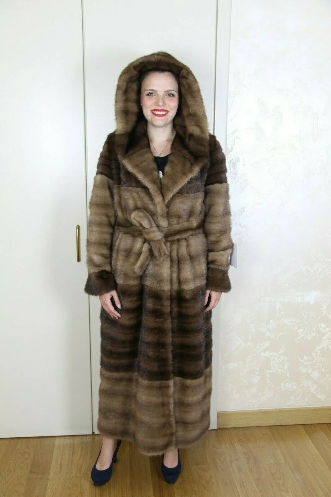 Italian Made Horizontal Mink Coat with Hood