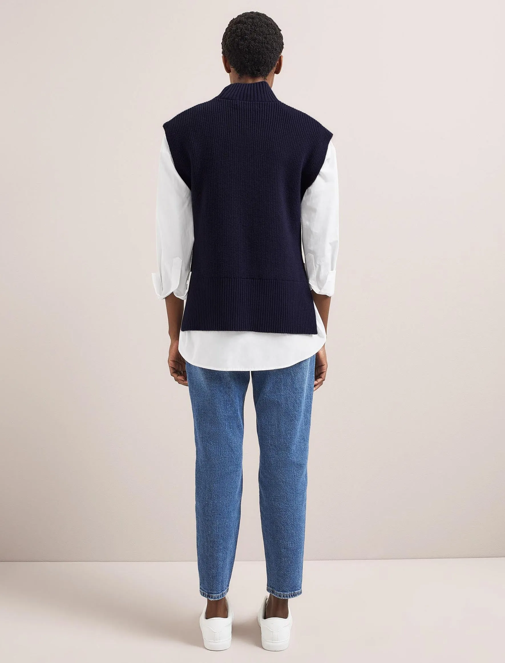 Janice Cotton Blend Funnel Neck Sleeveless Jumper - Navy