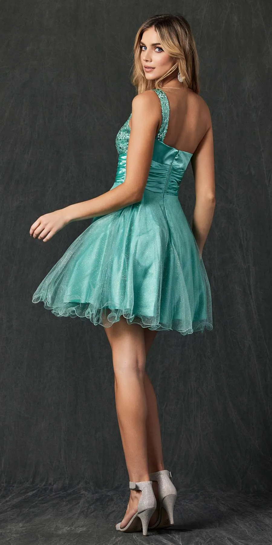 Juliet 733 One Shoulder Short Dress Sparkly Sequins Glitter Tulle Skirt