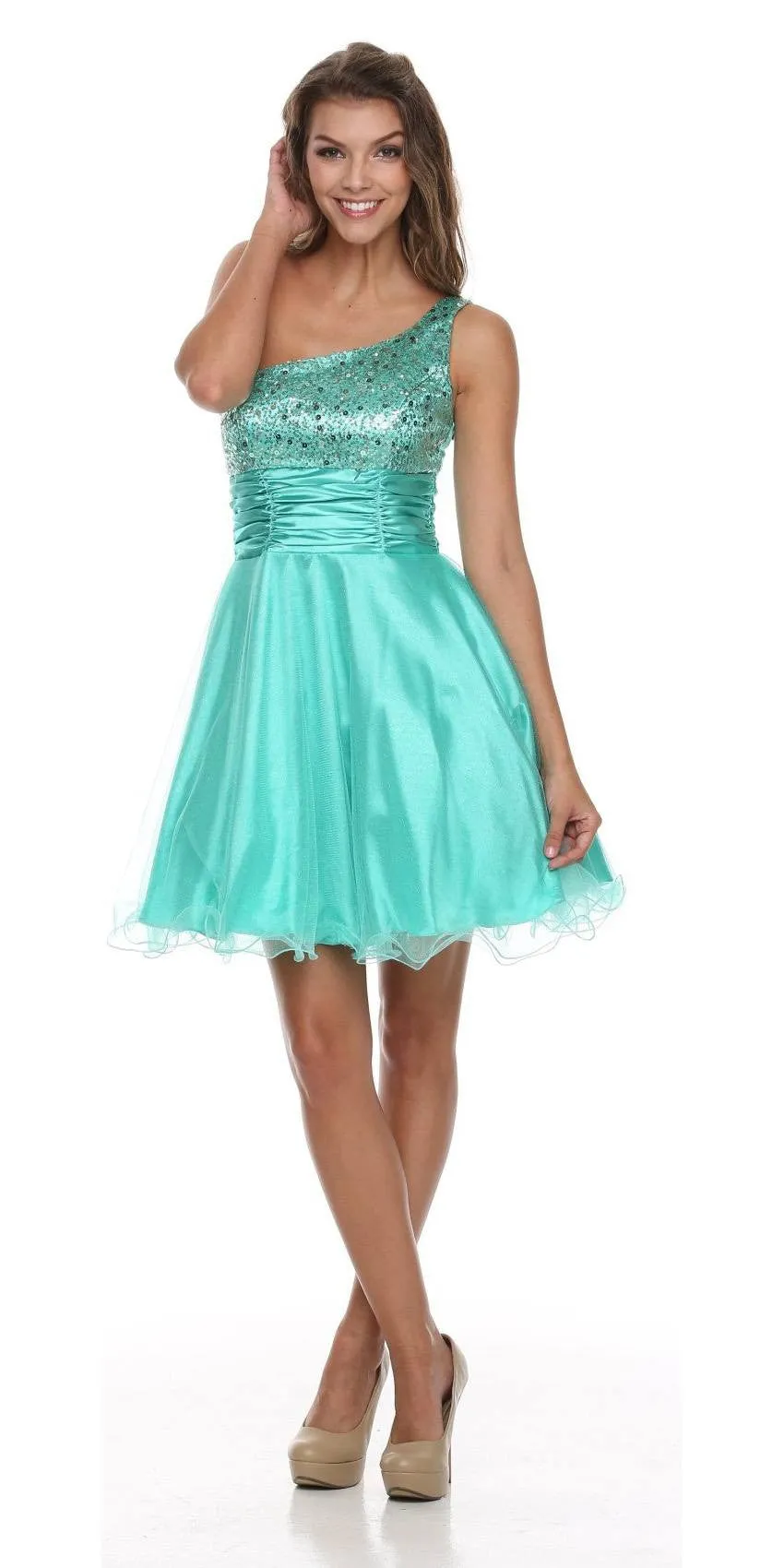 Juliet 733 One Shoulder Short Dress Sparkly Sequins Glitter Tulle Skirt