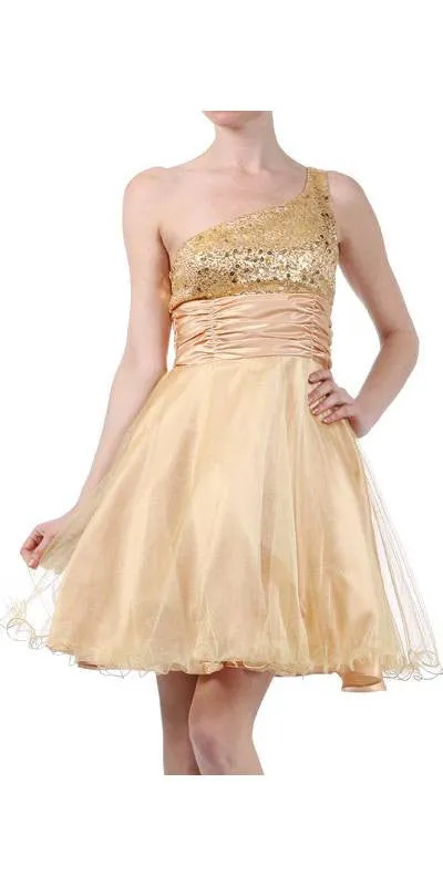 Juliet 733 One Shoulder Short Dress Sparkly Sequins Glitter Tulle Skirt