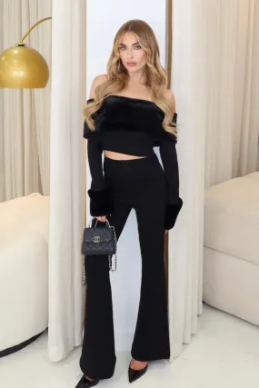 Khloe black off shoulder faux fur trouser co-ord