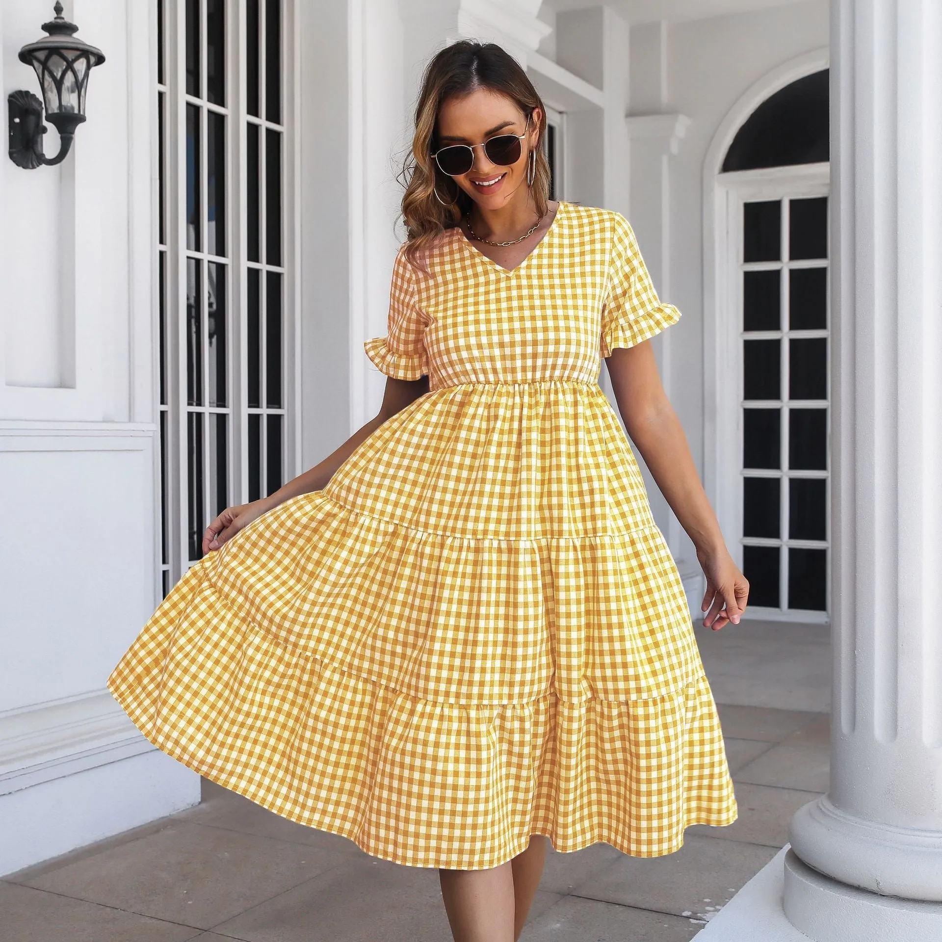 KittenAlarm - Bonny Pocketed Gingham Tie Front Babydoll Dress - Yellow