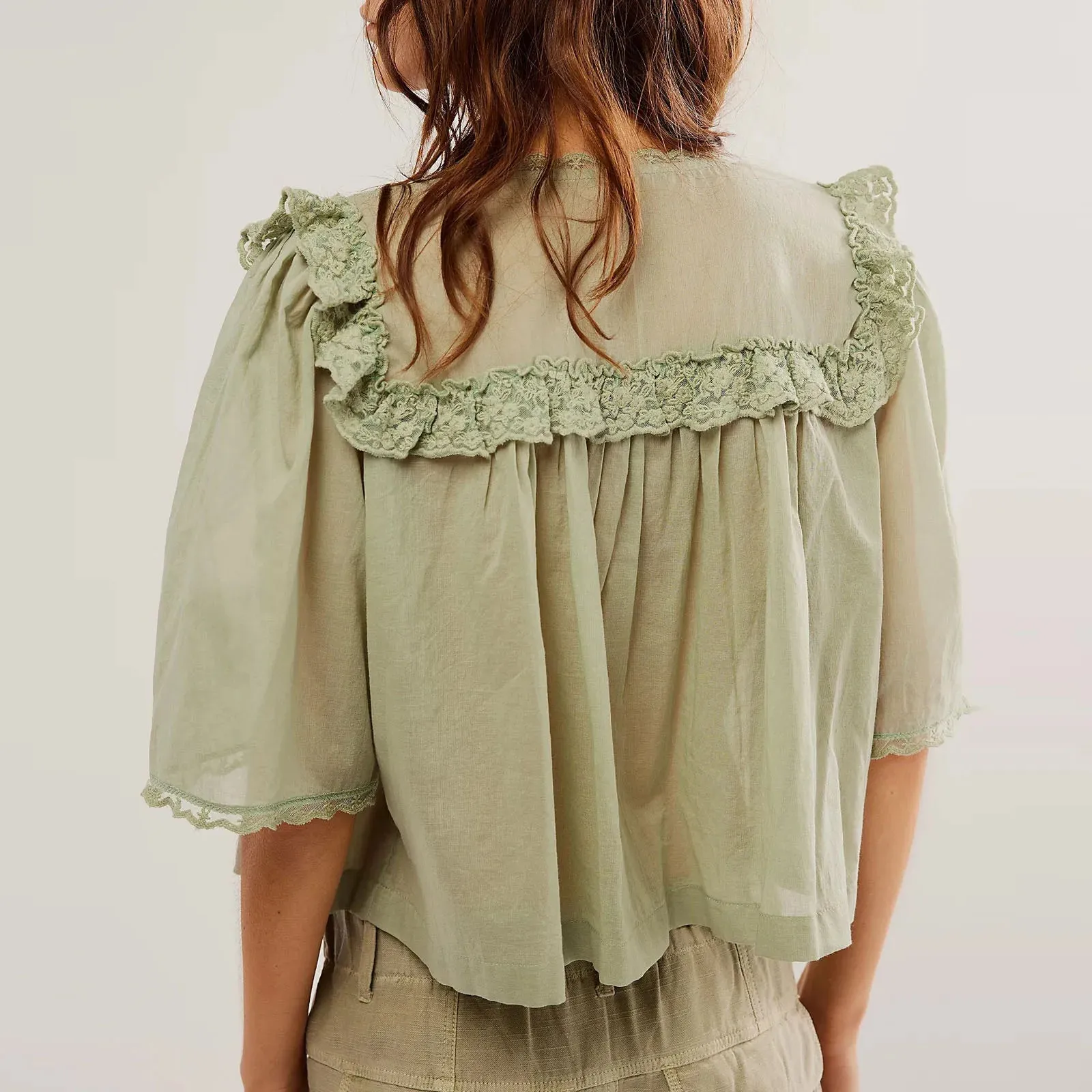 Lace See Through Buttons Short Sleeve Babydoll Summer Loose Fairy Streetwear Ruffles Blouse