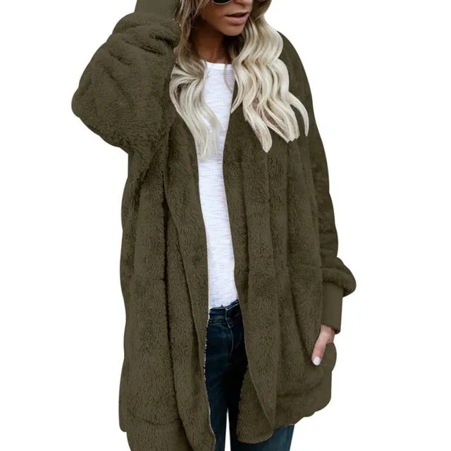 LASPERAL New Year Spring Faux Fur Teddy Bear Coat Jacket Women Fashion Open Stitch Hooded Coat Female Long Sleeve Fuzzy Jacket