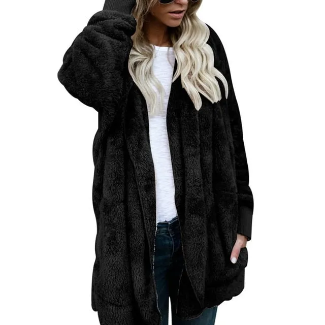 LASPERAL New Year Spring Faux Fur Teddy Bear Coat Jacket Women Fashion Open Stitch Hooded Coat Female Long Sleeve Fuzzy Jacket