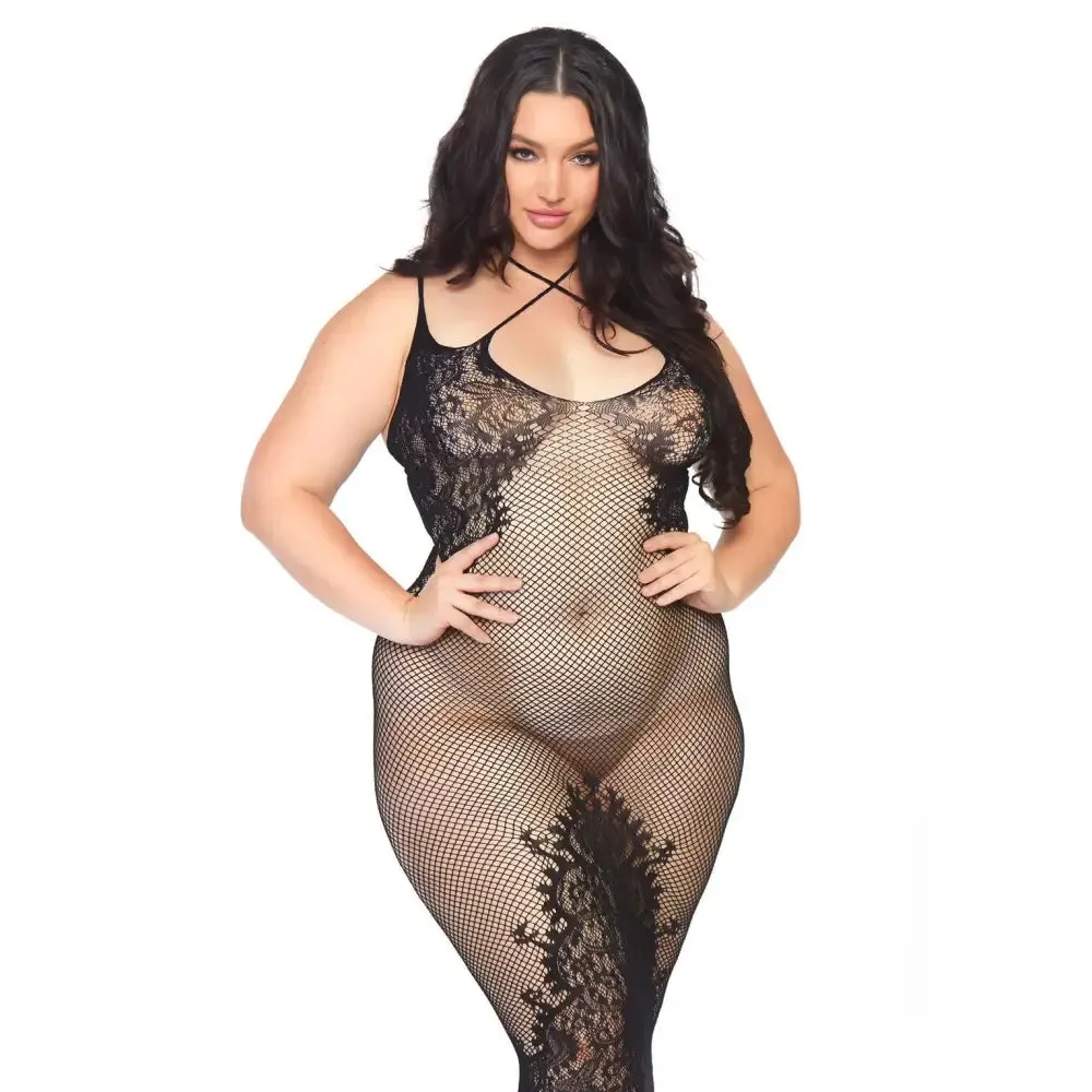 Leg Avenue Black Sexy Plus Size Seamless Fishnet Halter Dress Uk 18 to 22