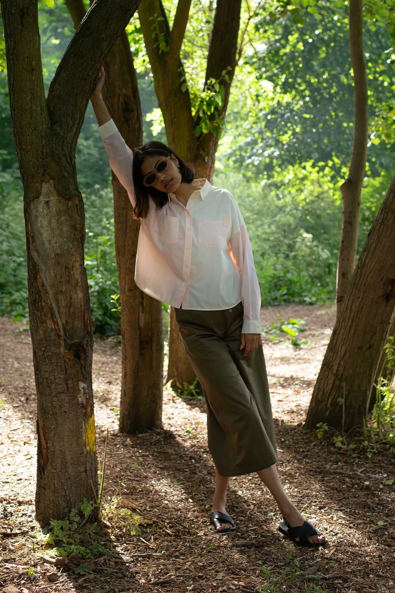 Lela Patchwork Shirt in Pastel Orange/Yellow Cotton by Saywood