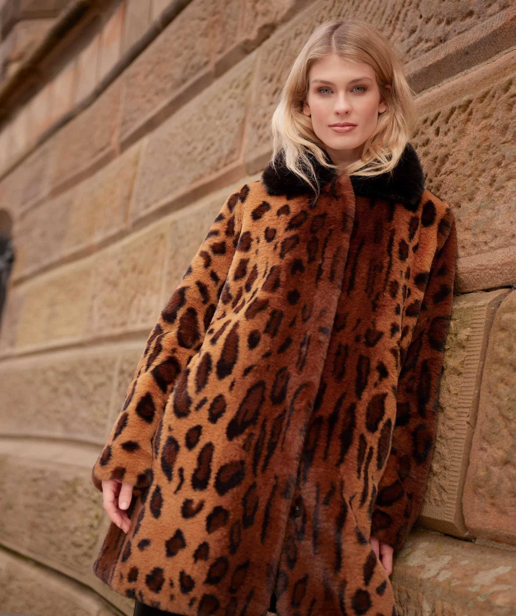 Leopard Print Faux Fur Coat with Notched Lapel and On-Seam Pockets