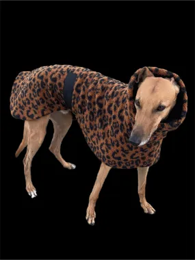 Leopard print Teddy fleece deluxe style greyhound coat with snuggly wide neck roll