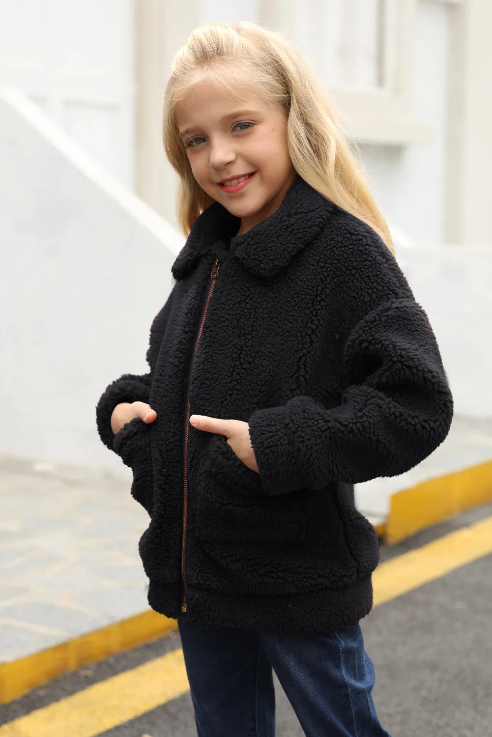 Little Girls Turnover Collar Zip Up Fur Jacket