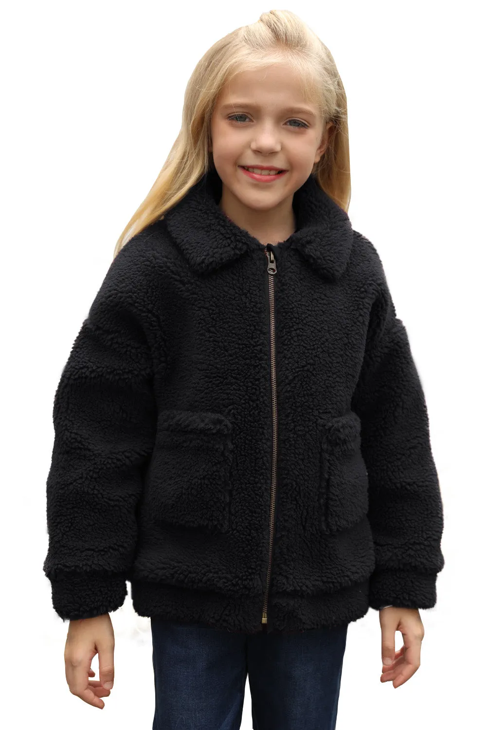 Little Girls Turnover Collar Zip Up Fur Jacket