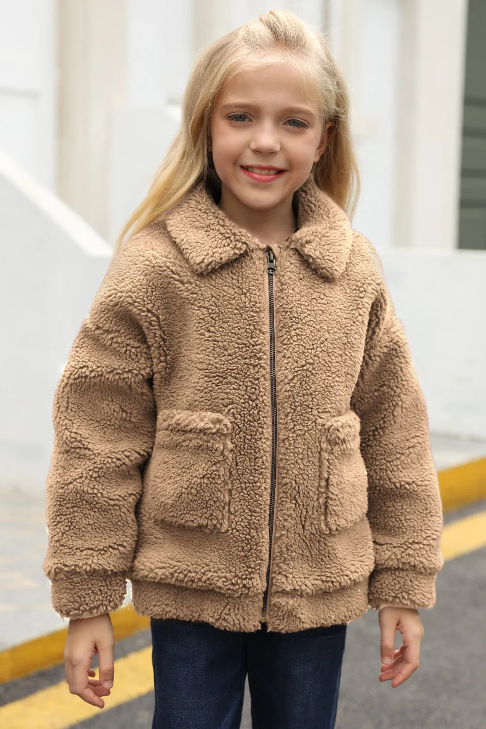 Little Girls Turnover Collar Zip Up Fur Jacket