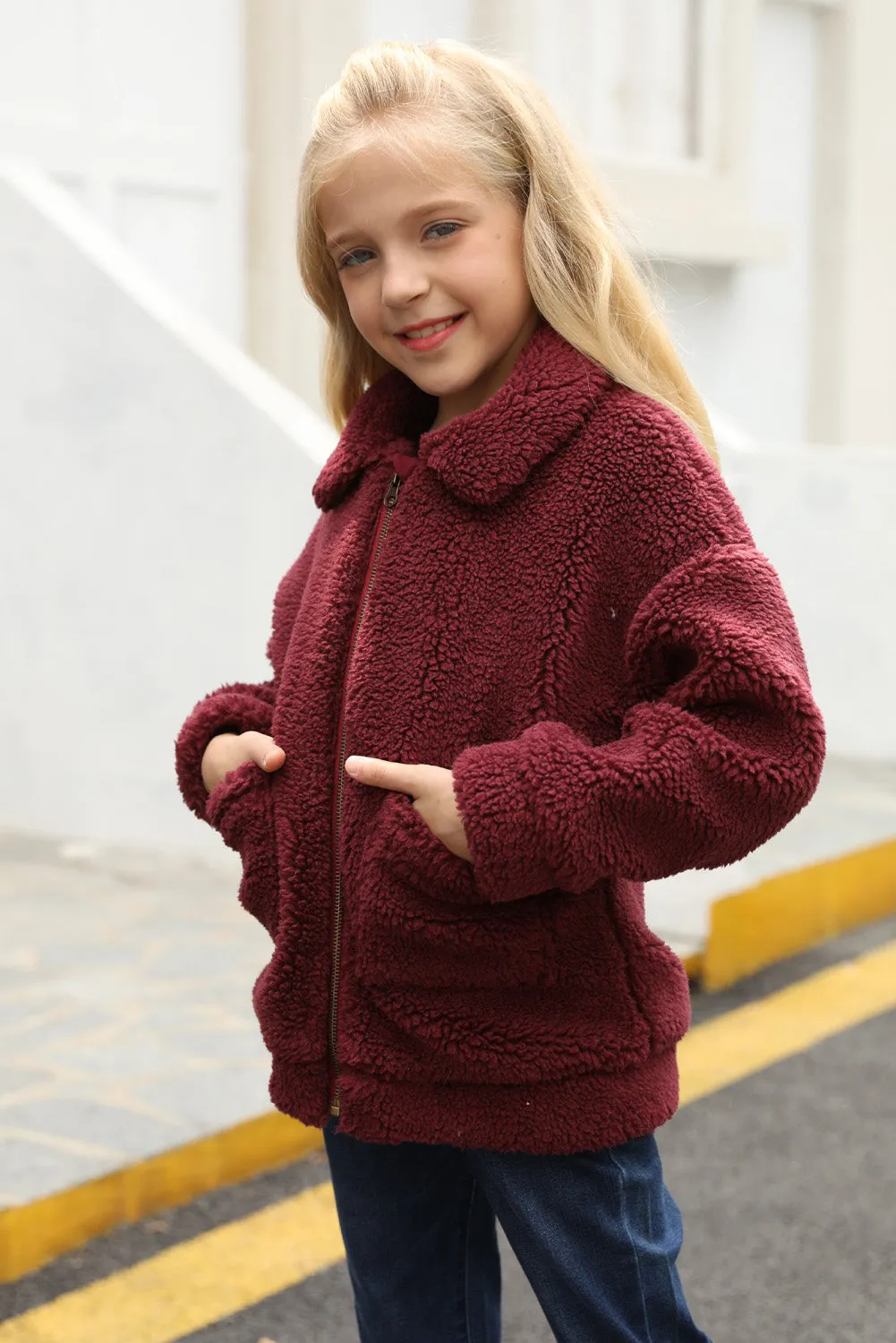 Little Girls Turnover Collar Zip Up Fur Jacket