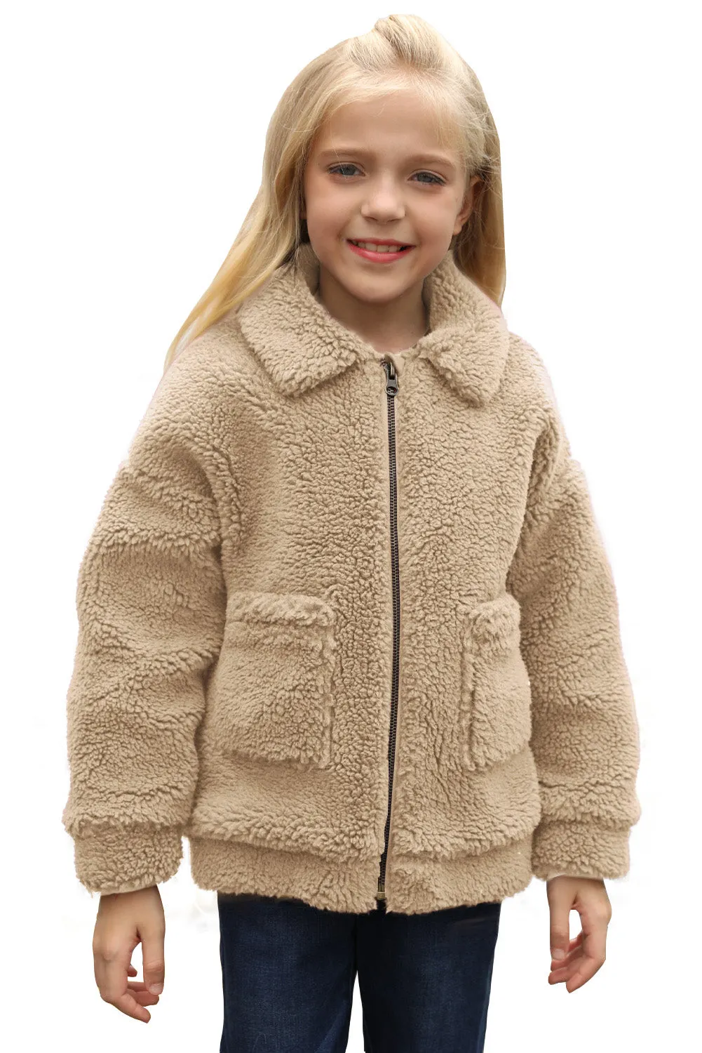 Little Girls Turnover Collar Zip Up Fur Jacket