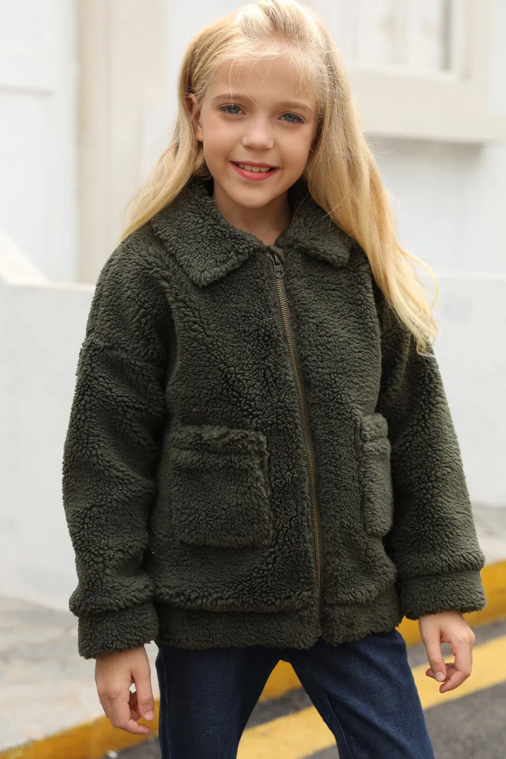 Little Girls Turnover Collar Zip Up Fur Jacket