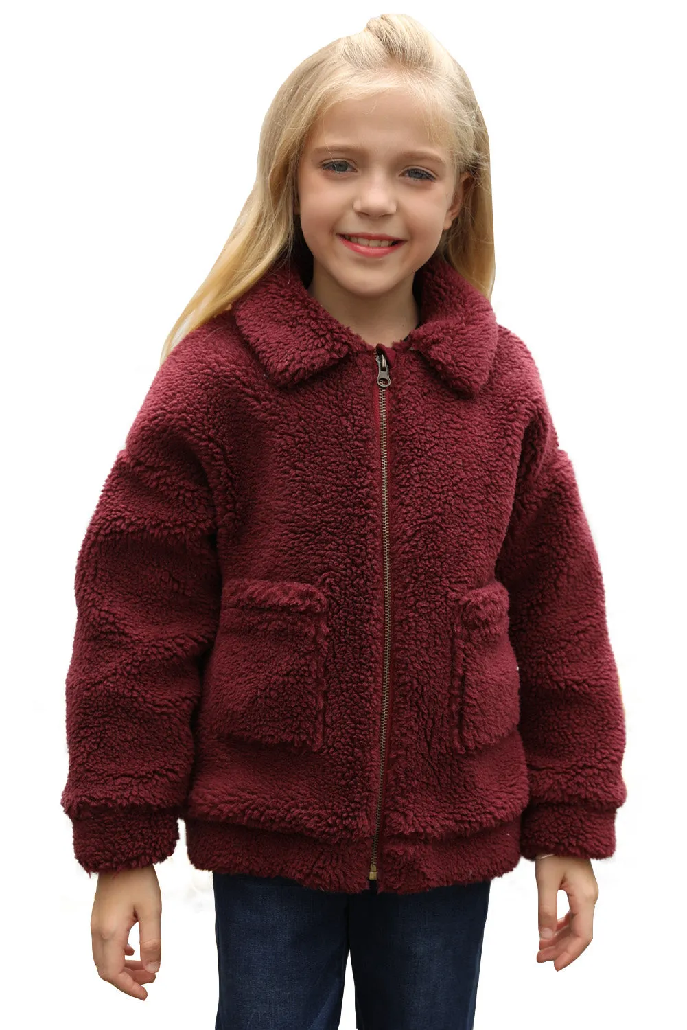 Little Girls Turnover Collar Zip Up Fur Jacket