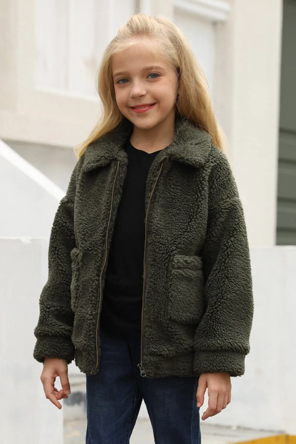 Little Girls Turnover Collar Zip Up Fur Jacket