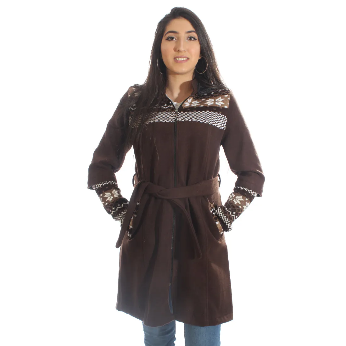 Long coat with removable hoodie/ brown -5900