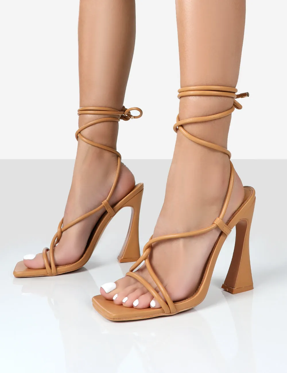 Lori Tan Strappy Lace Up Square Toe Heels