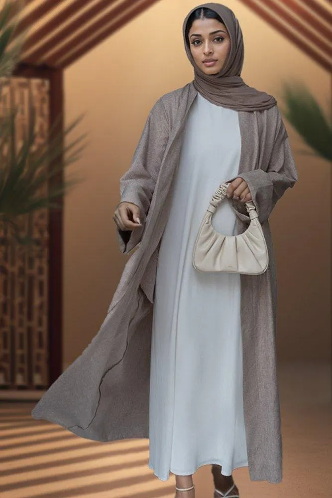 Lounia maxi throw over abaya in light linen fabric with a detachable belt