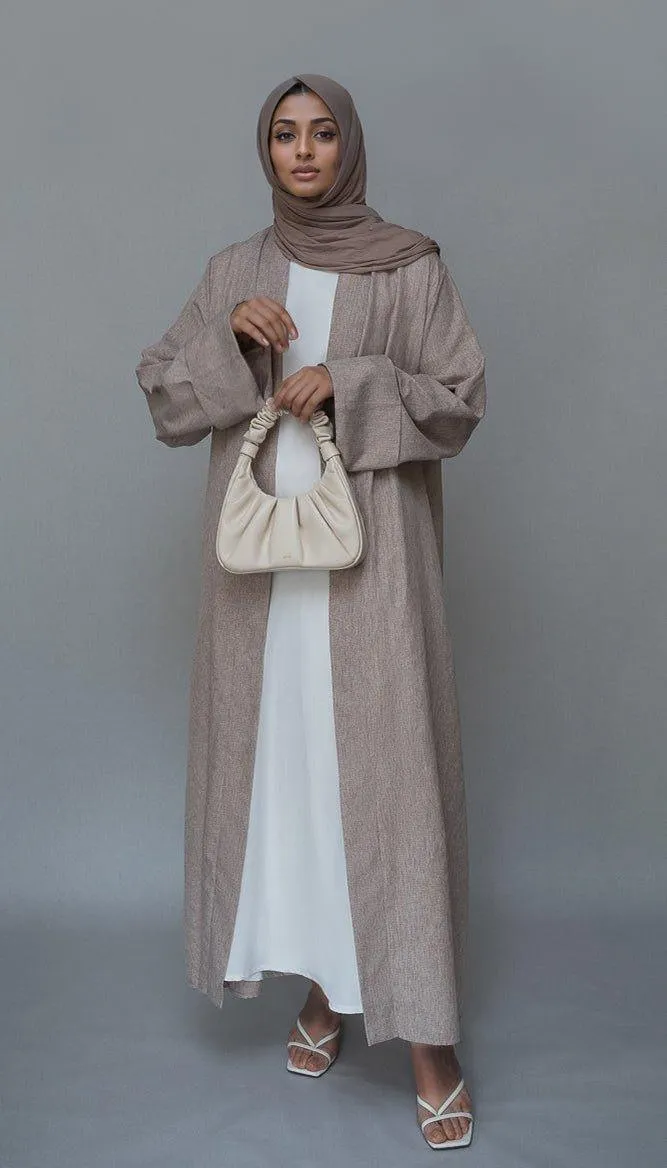 Lounia maxi throw over abaya in light linen fabric with a detachable belt