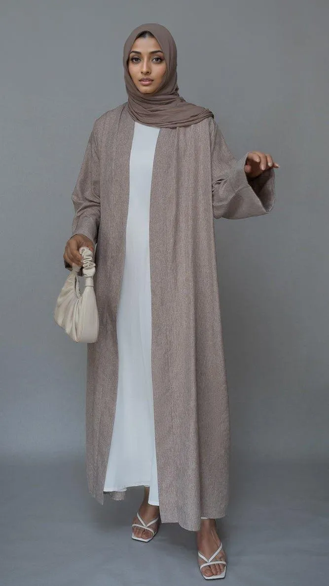 Lounia maxi throw over abaya in light linen fabric with a detachable belt