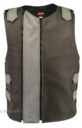 Made in USA Dual Front Zipper Bulletproof Style Leather Biker Vest Black/Light Blue