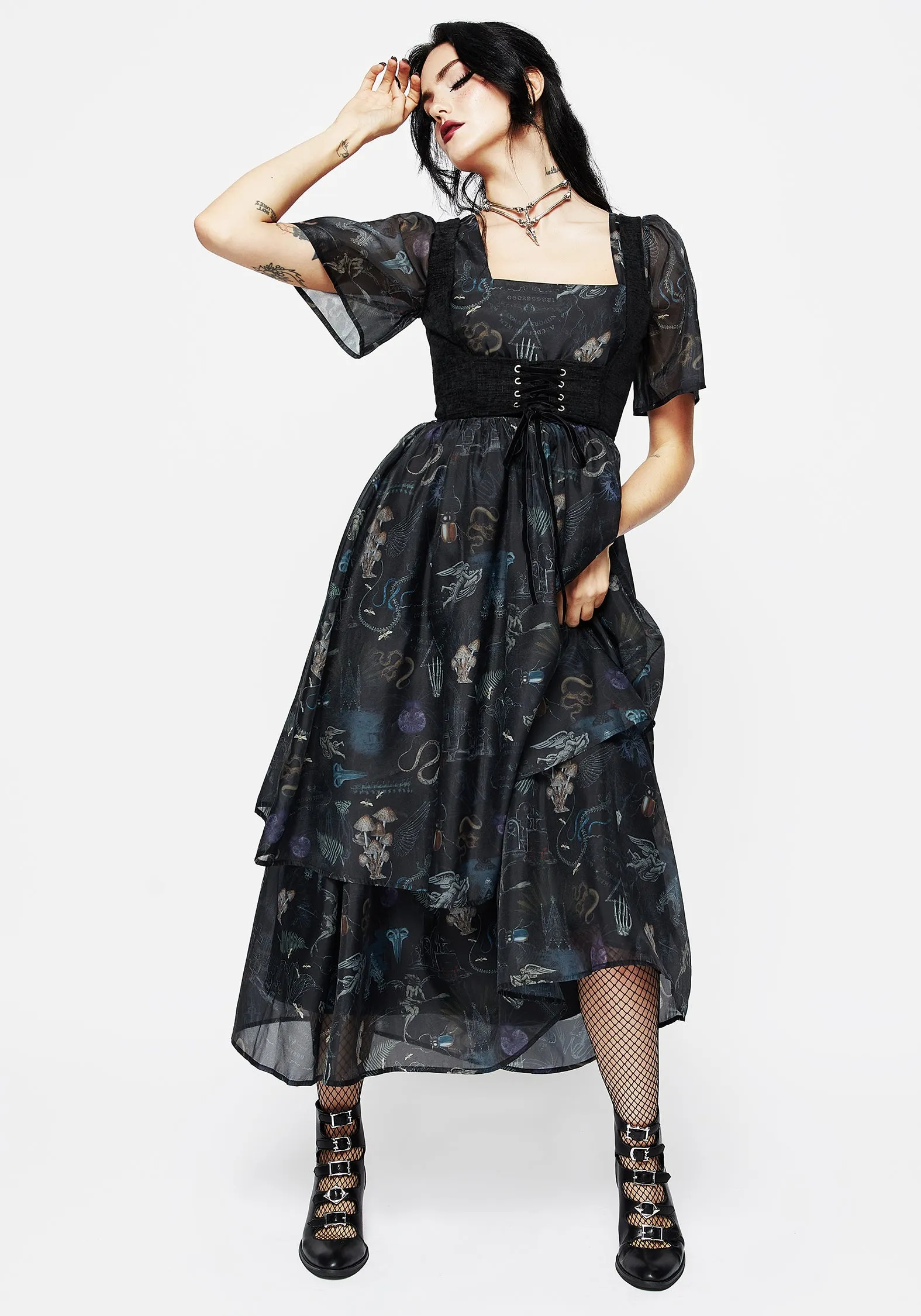 Maudeline Victoriana Print Layered Organza Midaxi Dress