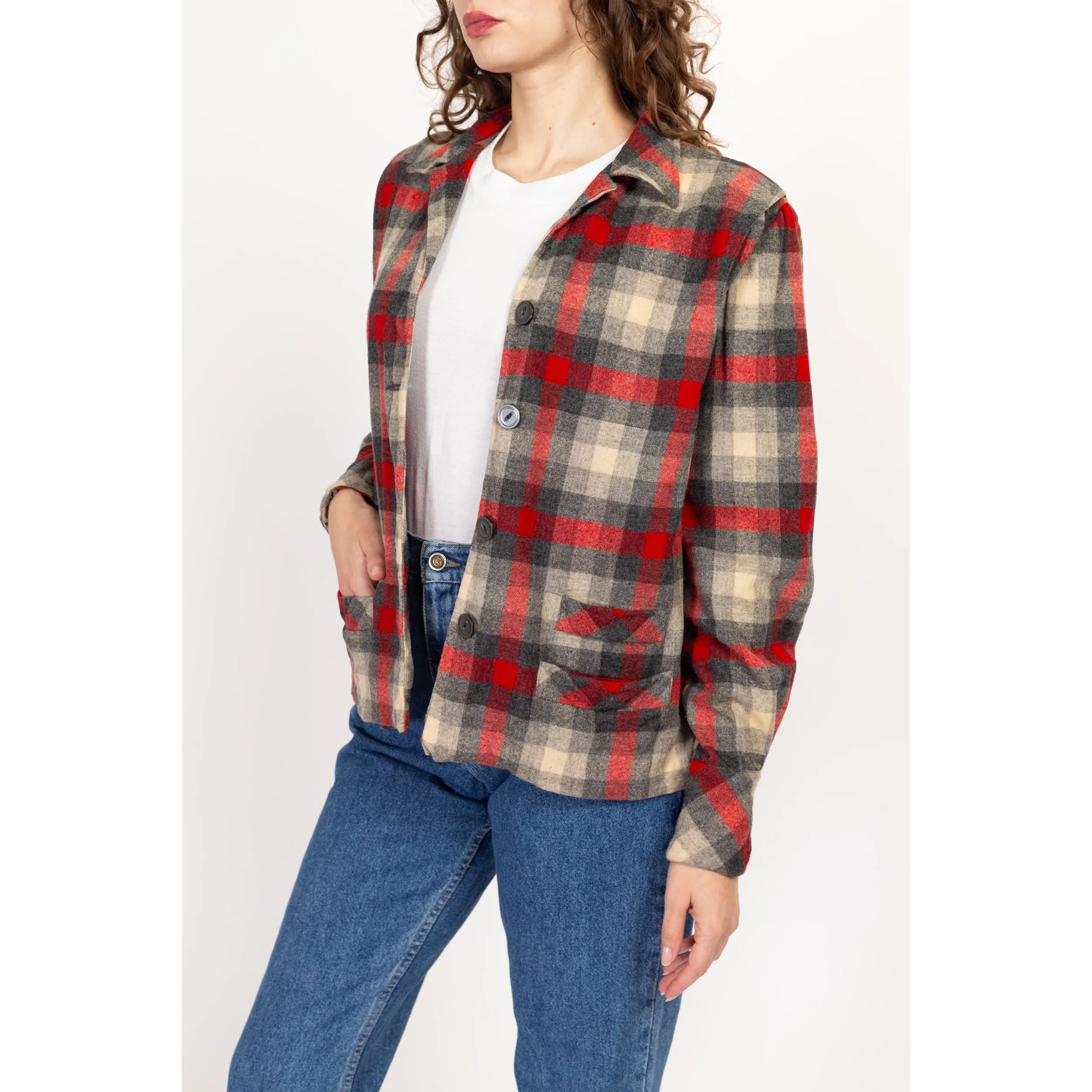 Medium 1950s Red Plaid 49er Shirt Jacket