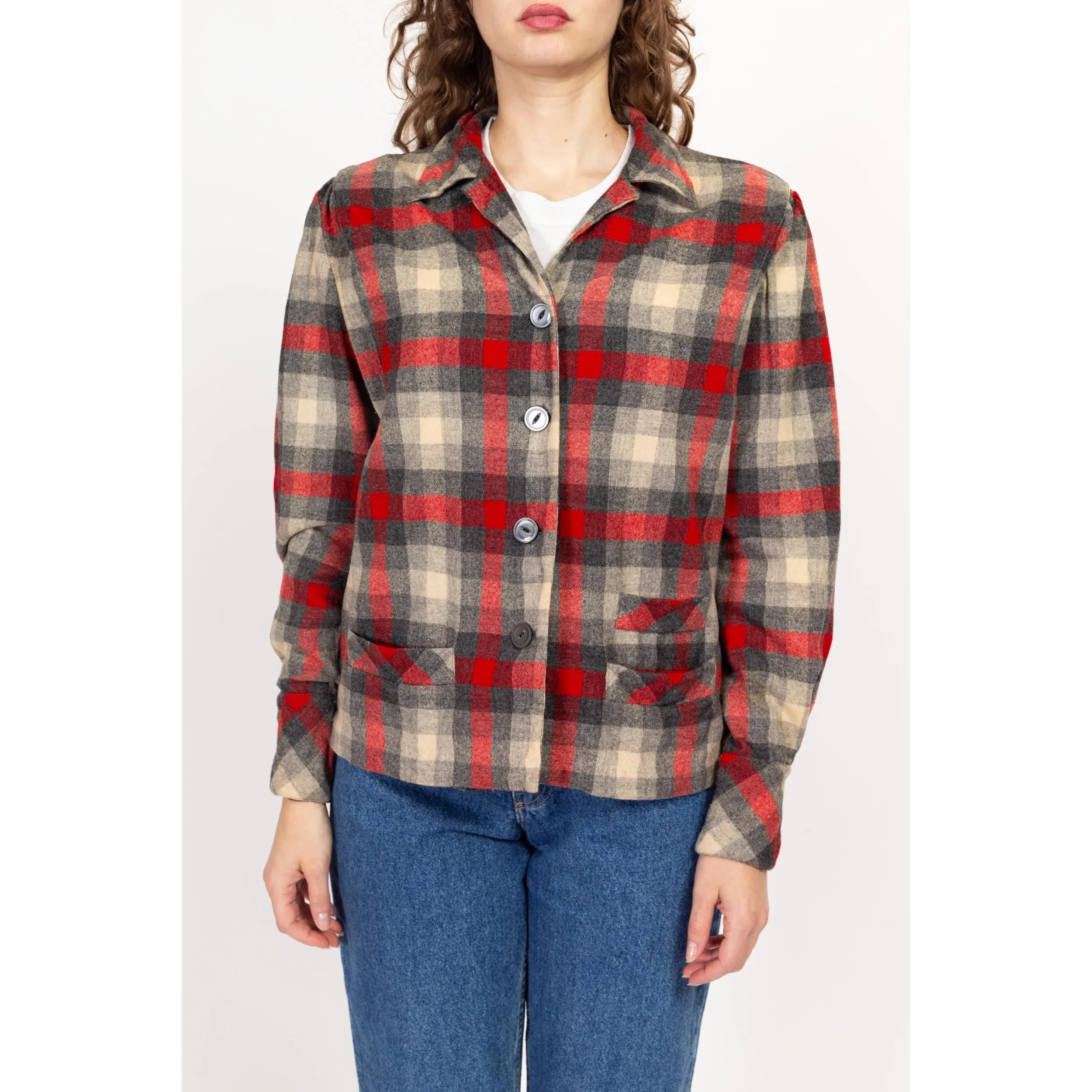 Medium 1950s Red Plaid 49er Shirt Jacket