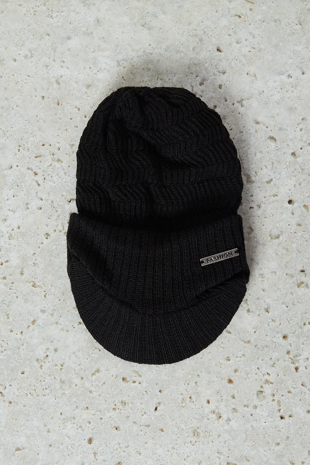 Men Black Knitted Cap With Brim